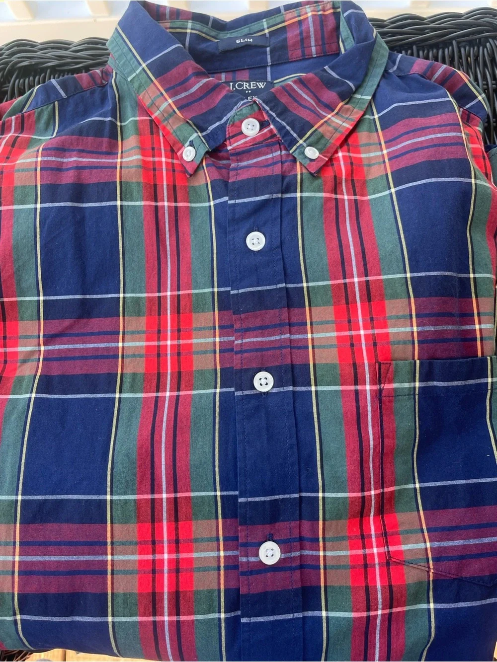 J. Crew Men's Button-Down Plaid Shirt - Navy, Red & Green Slim Fit Size Large